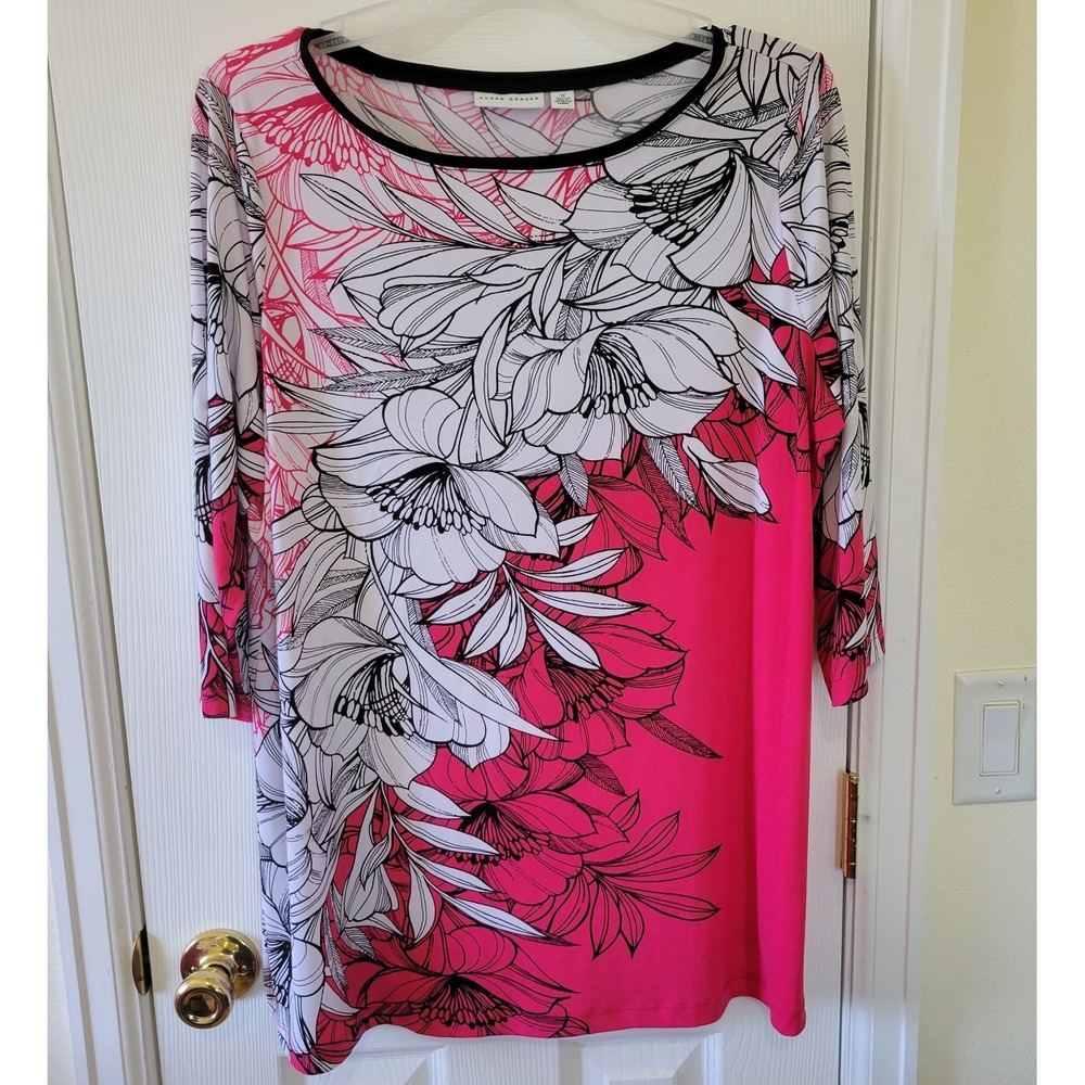 Susan Graver Tunic Top 1X Liquid Knit Floral Multicolor Stretch Casual Boho
